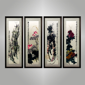 伊飛湘繡家居掛畫純手工刺繡單面繡花卉條屏 梅花 荷花 客廳裝飾畫 書房辦公室大廳裝修壁畫h10045