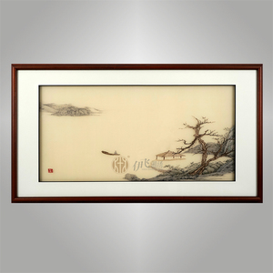 伊飛湘繡純手工刺繡家居掛畫客廳書房裝飾畫 一葉扁舟 山水風景 編號kb0094