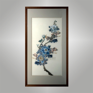 伊飛湘繡純手工刺繡單面繡家居掛畫客廳玄關壁畫藍牡丹 花卉 編號：kd0370